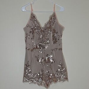 Elegant Sequin Lace Romper - Rose Gold